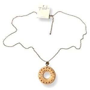 Round Laser Cut Wood Necklace Long Link Chain Gold Tone